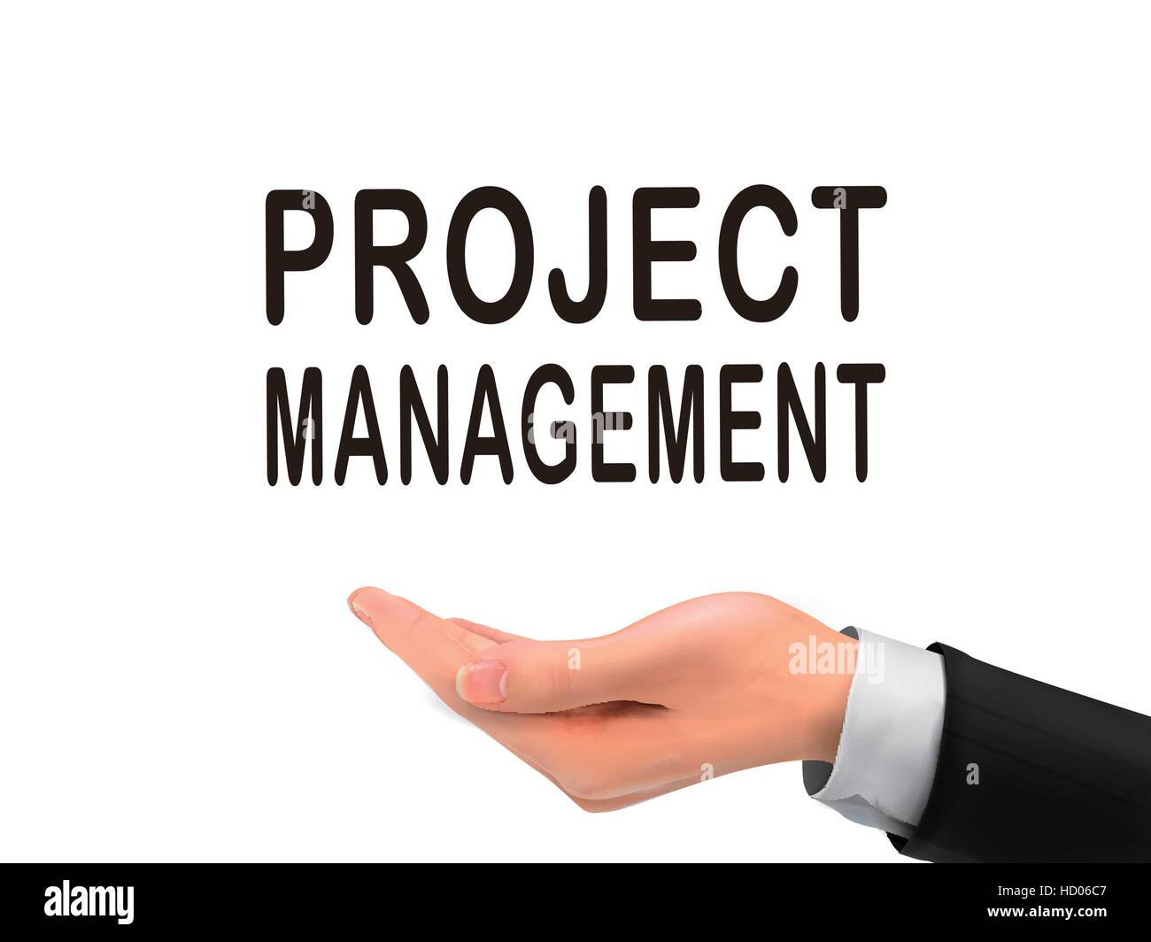 project management words holding by realistic hand over white