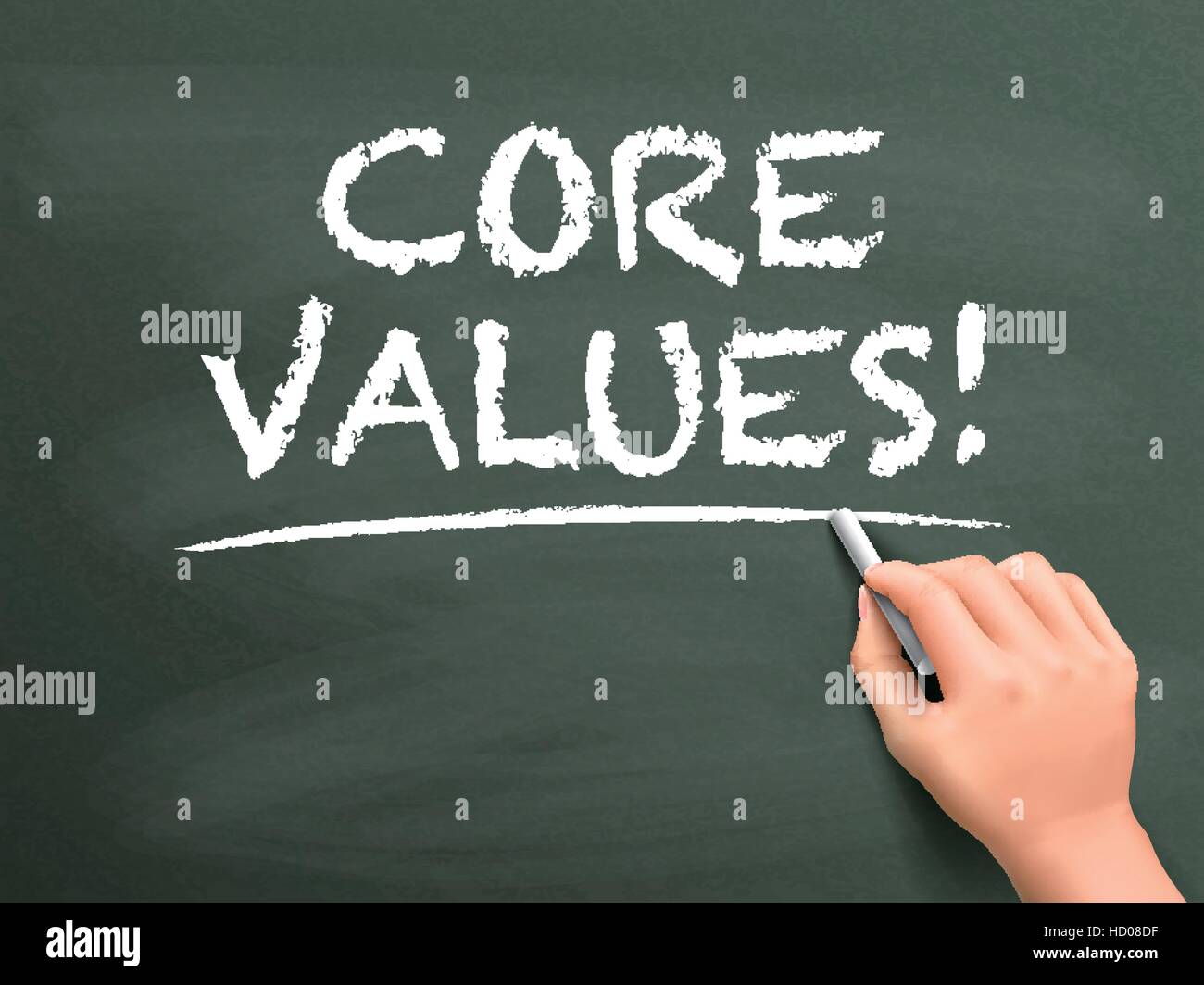 core values words written by hand on blackboard Stock Vector