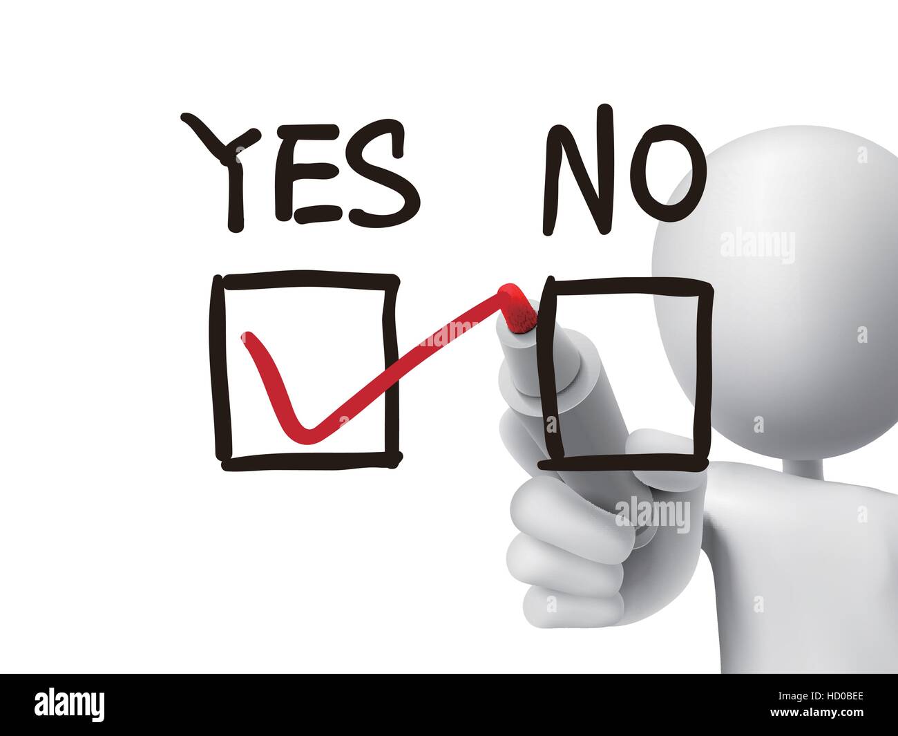 choosing yes on survey by 3d man over transparent board Stock Vector