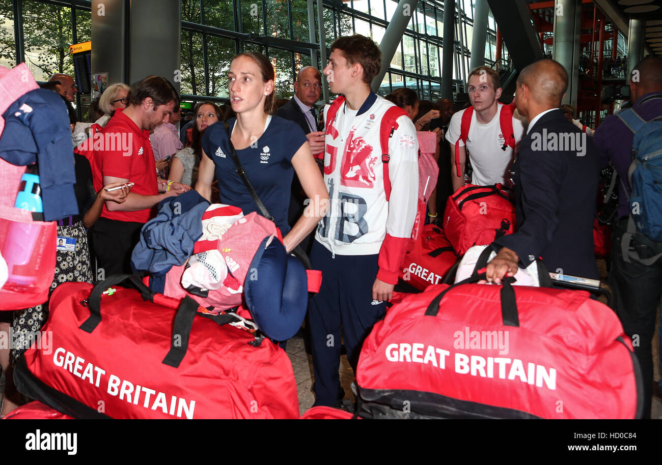 Team GB athletes arrive at Heathrow on flight BA2016 from Rio De Janeiro  Featuring: Atmosphere Where: London, United Kingdom When: 23 Aug 2016 Stock Photo