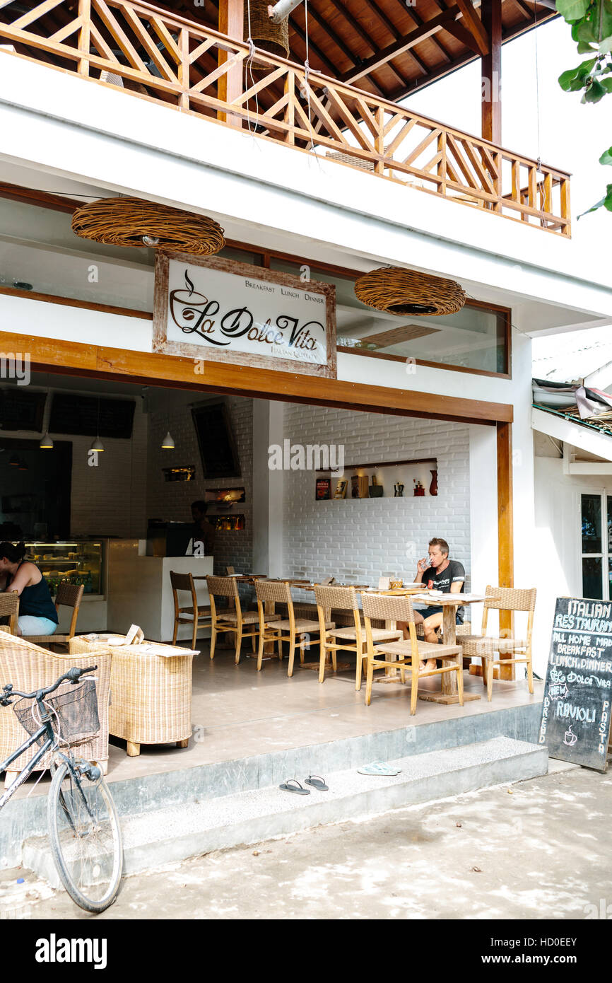 The front entrance of La Dolce Vita, a popular and authentic italian restaurant on Gili Trawangan Stock Photo
