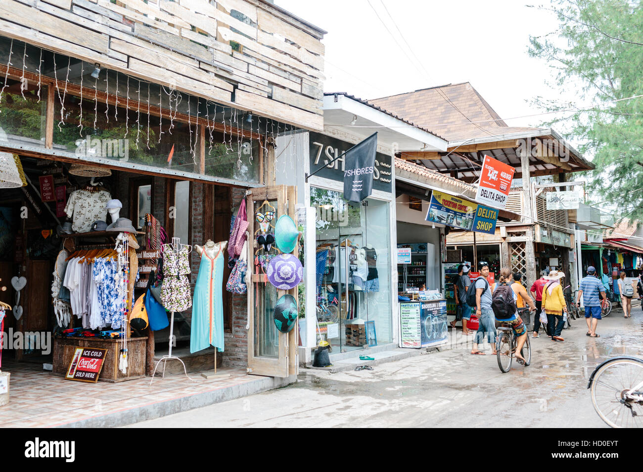 Clothing boutiques and shops on the main street on Gili Trawangan, Indonesia Stock Photo