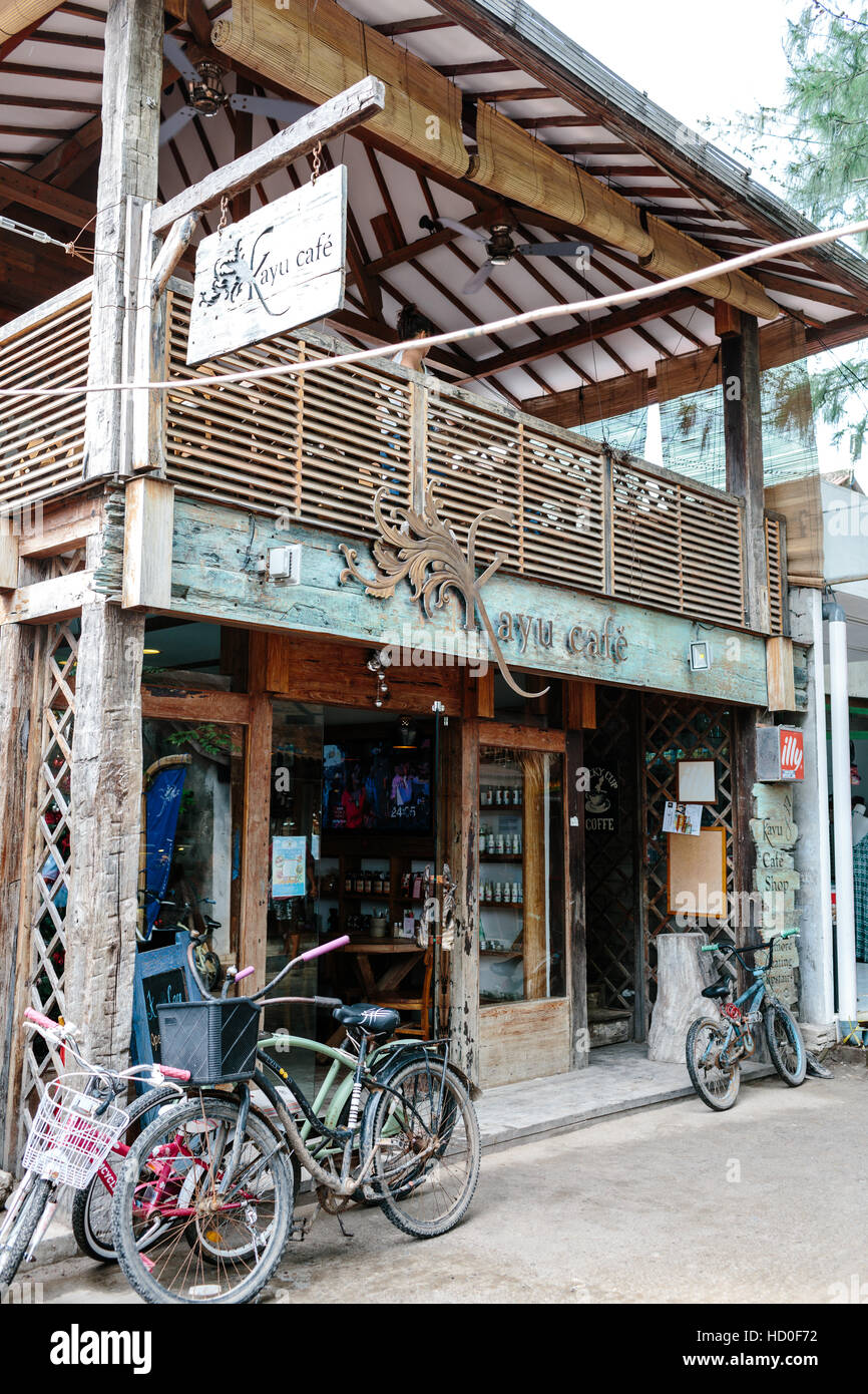 The front exterior of Kayu Cafe, a popular coffee shop on Gili Trawangan Stock Photo