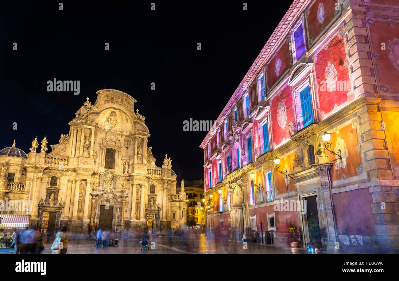 Santa Maria Cathedral and Episcopal Palace on Belluga Square in Murcia, Spain Stock Photo