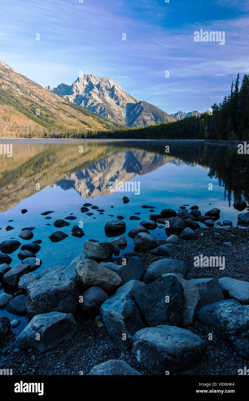 Sunrise view of Teton Mountains and Jenny Lake, Grand Teton National Park,; Wyoming; USA Stock Photo