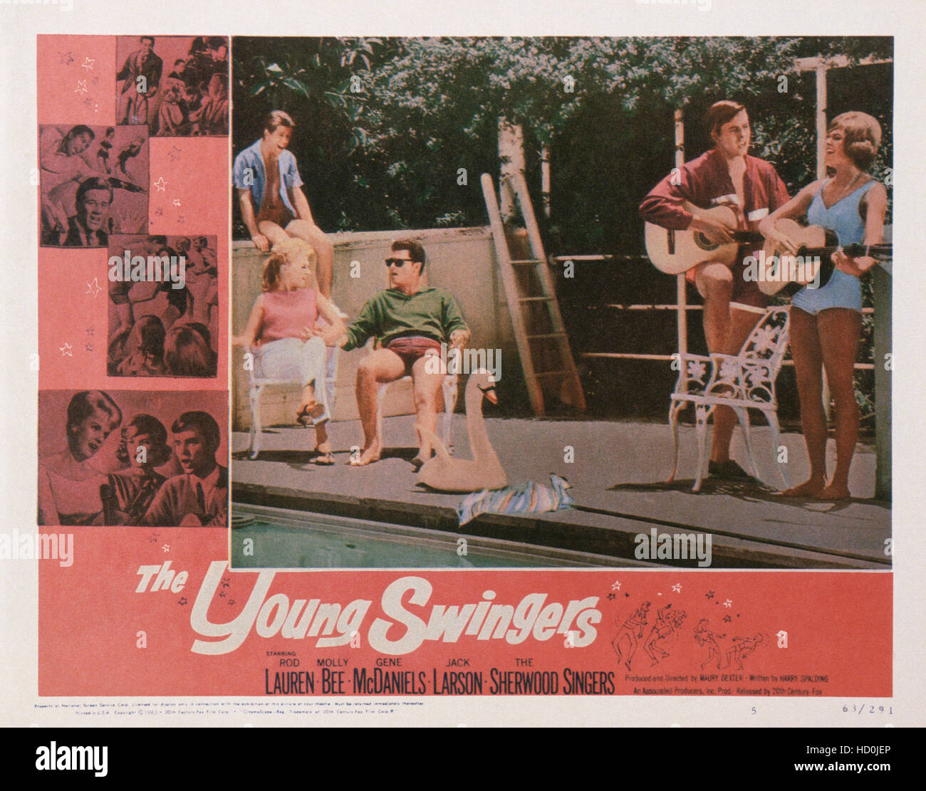 THE YOUNG SWINGERS, US lobbycard, Molly Bee, (left), Rod Lauren, (second left, sunglasses), Jo Helton, (far right), 1963 Stock Photo