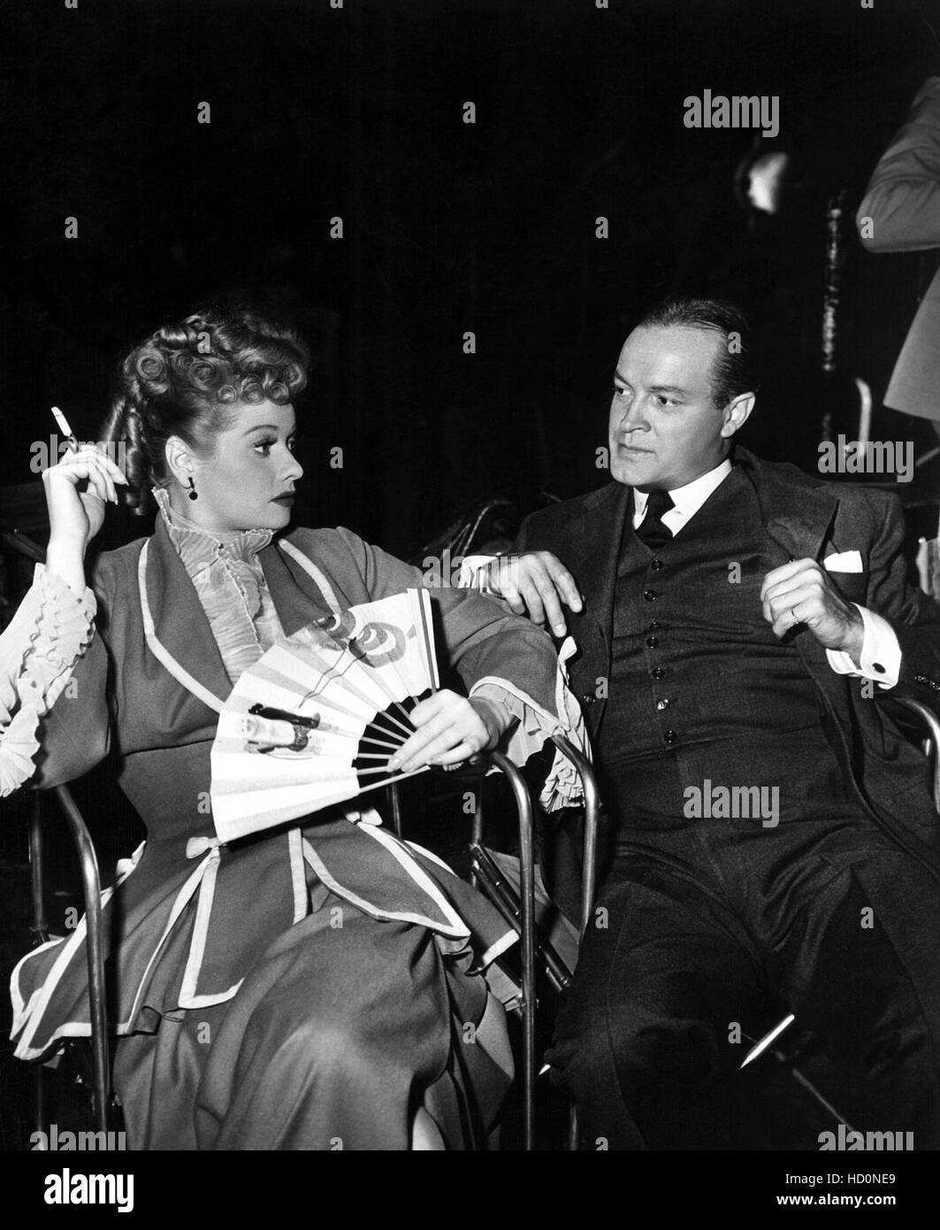 Lucille Ball, Bob Hope relaxing on the set of FANCY PANTS, 1950 Stock