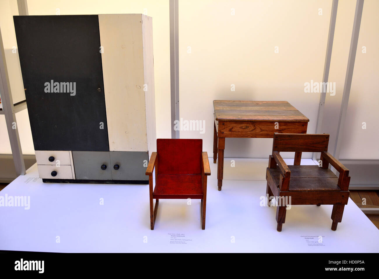 Bauhaus chairs and cupboard from 1920s, on display at the Bauhaus Museum in Weimar. Stock Photo