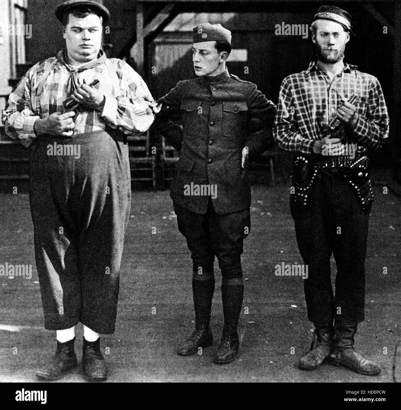 Roscoe 'Fatty' Arbuckle, Buster Keaton, Al St. John, c. 1917 Stock