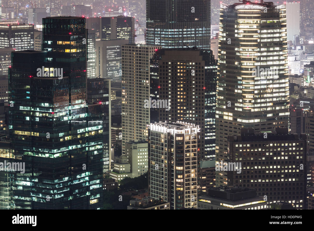 Aerial view of the Akasaka business district of Tokyo at night in Japan