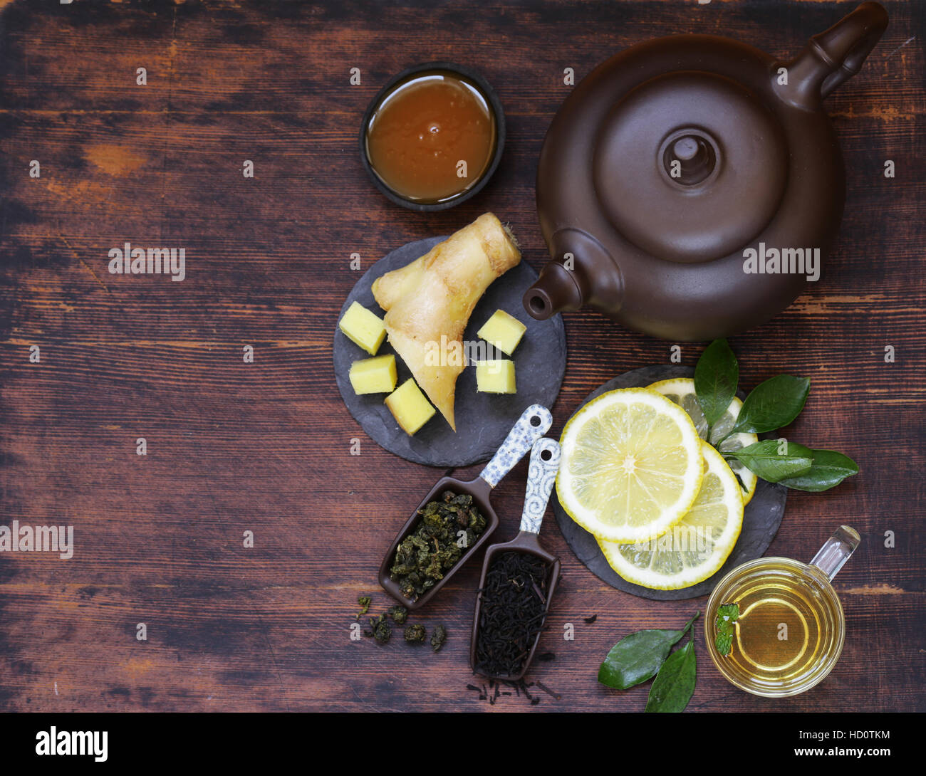 Tea set with ginger, lemon and honey Stock Photo - Alamy