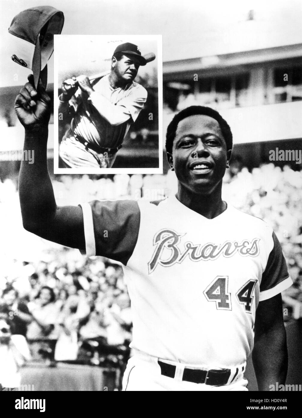 Hank Aaron, with inset photo of Babe Ruth, just one home run away from