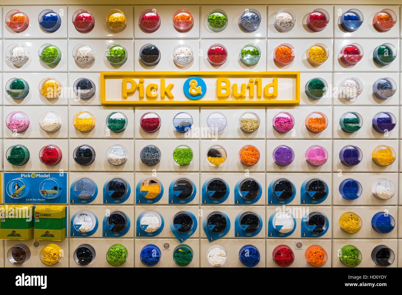 London, UK - November 22, 2016 - Colourful LEGO bricks displayed in the worlds largest LEGO store, newly opened in Leicester Square Stock Photo