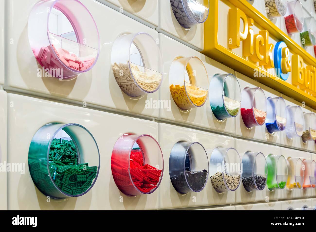 London, UK - November 22, 2016 - Colourful LEGO bricks displayed in the worlds largest LEGO store, newly opened in Leicester Square Stock Photo