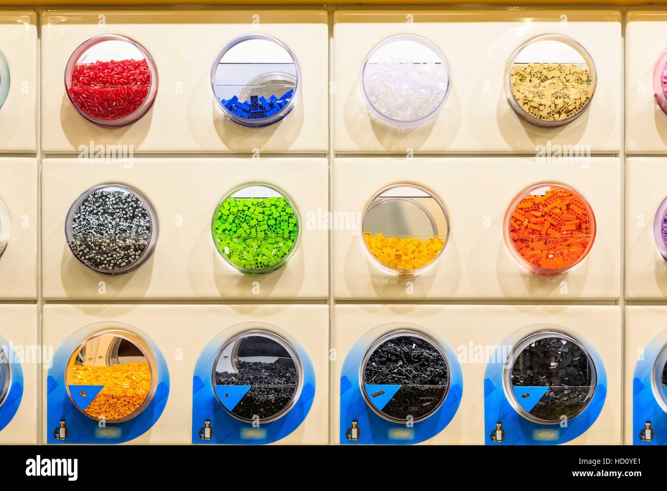 London, UK - November 22, 2016 - Colourful LEGO bricks displayed in the worlds largest LEGO store, newly opened in Leicester Square Stock Photo