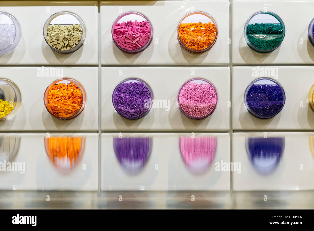 London, UK - November 22, 2016 - Colourful LEGO bricks displayed in the world's largest LEGO store, newly opened in Leicester Square Stock Photo