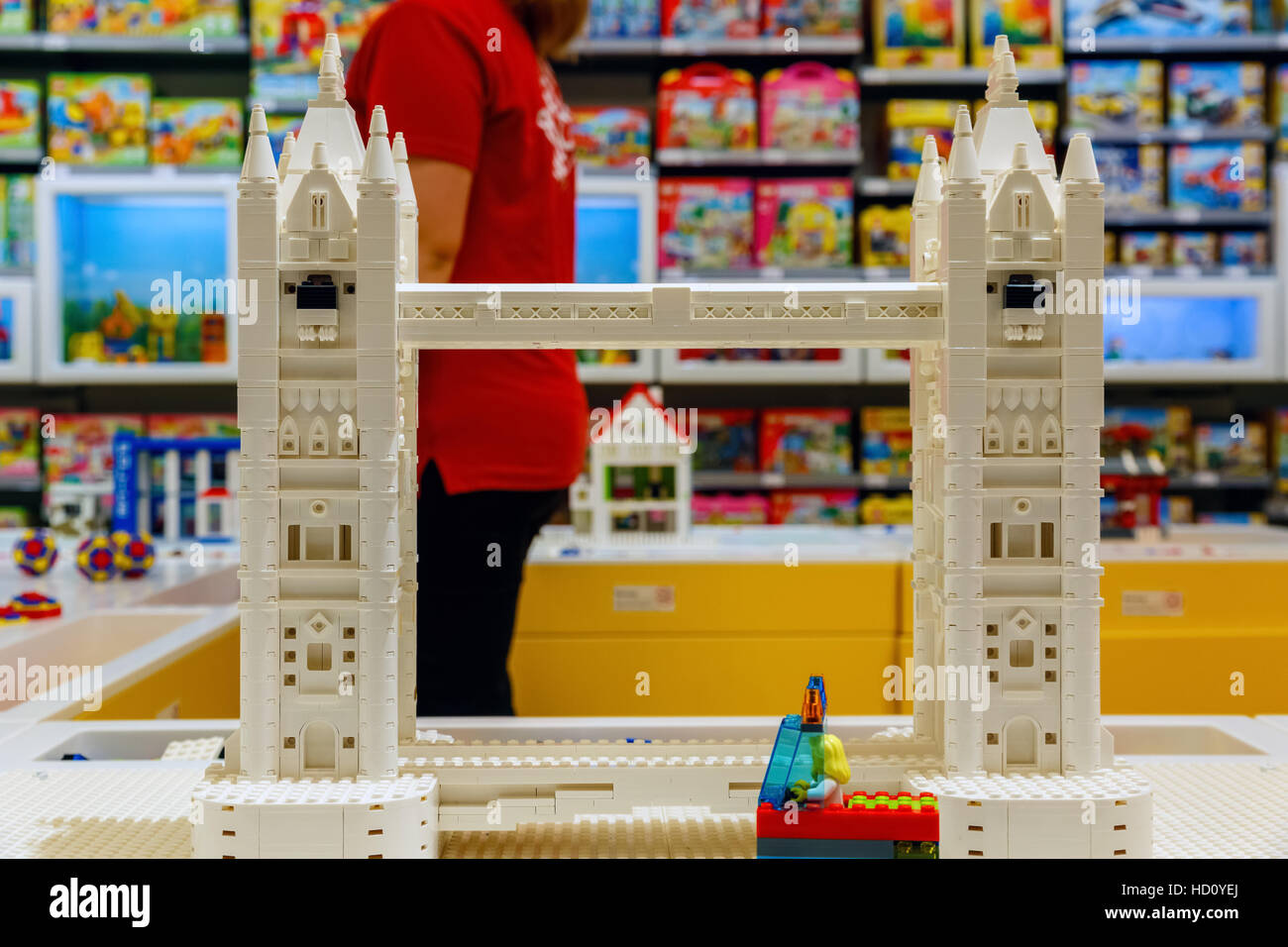 London, UK - November 22, 2016 - Tower Bridge built from LEGO bricks, displayed in the world's largest LEGO store Stock Photo