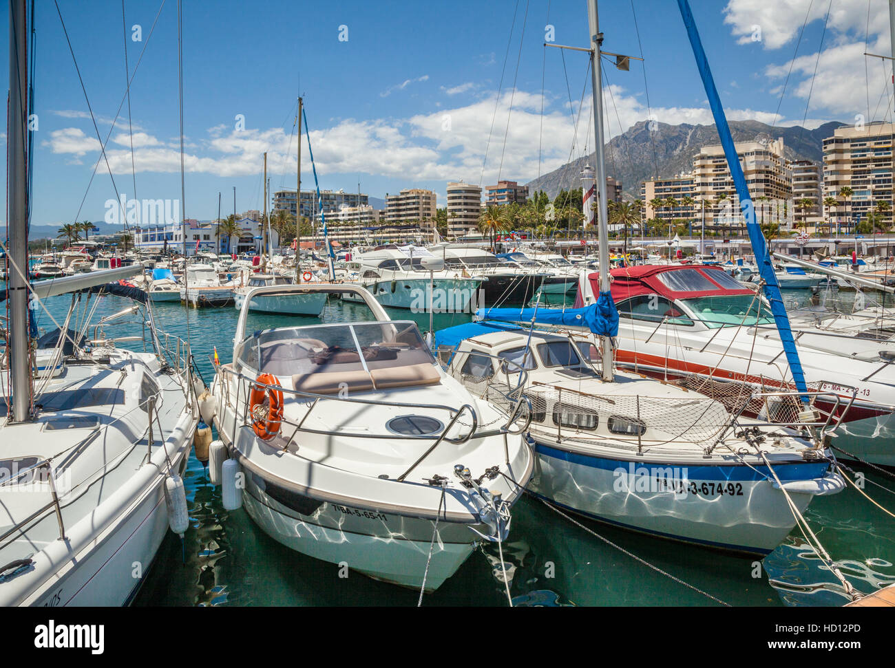 Spain, Andalusia, Province of Malaga, Costa del Sol, Marbella, yachts at Puerto Deportivo yacht harbour Stock Photo