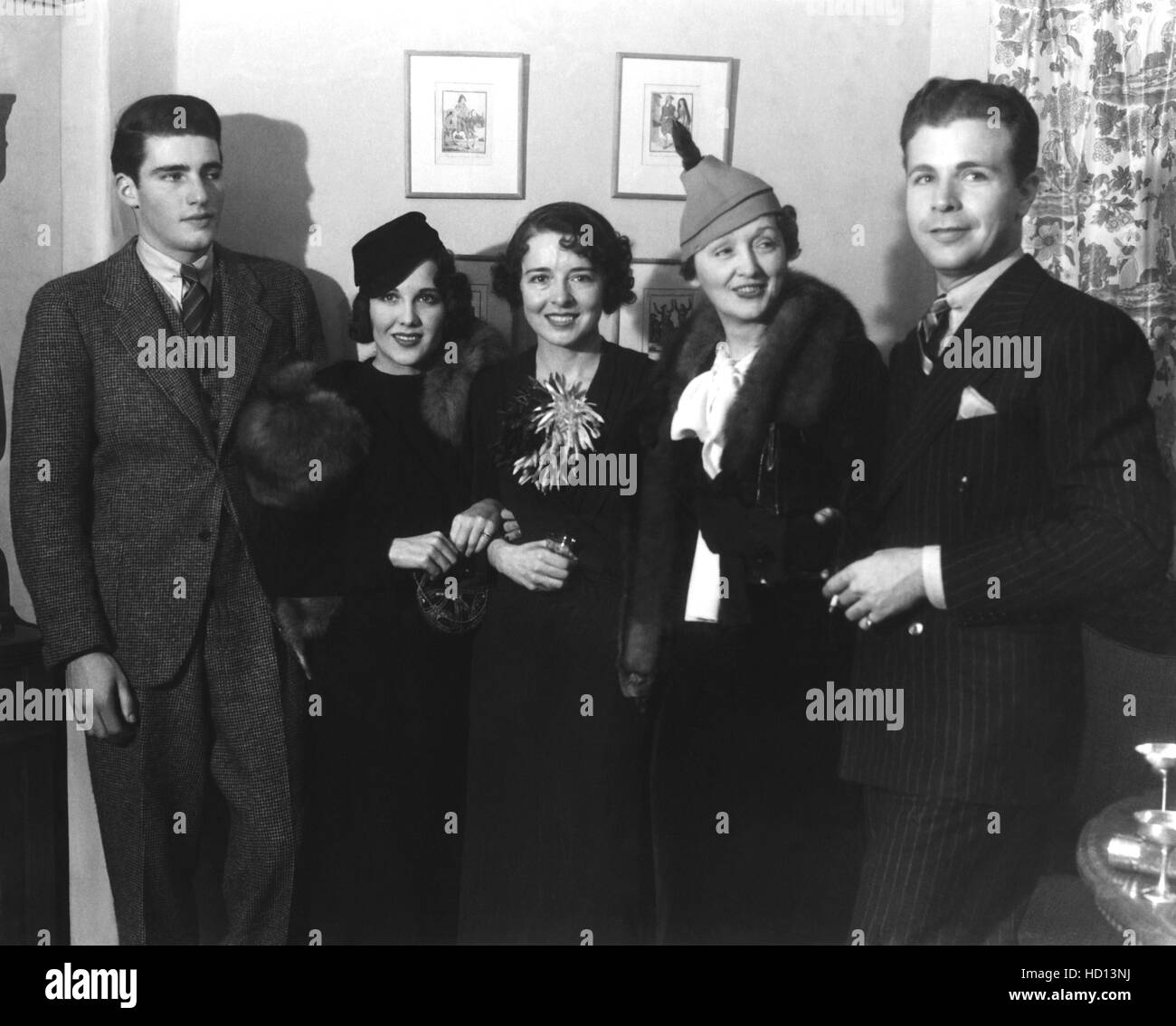 From left, William Hopper, Mary Brian, Colleen Moore, Hedda Hopper, Dick Powell, ca. 1934 Stock