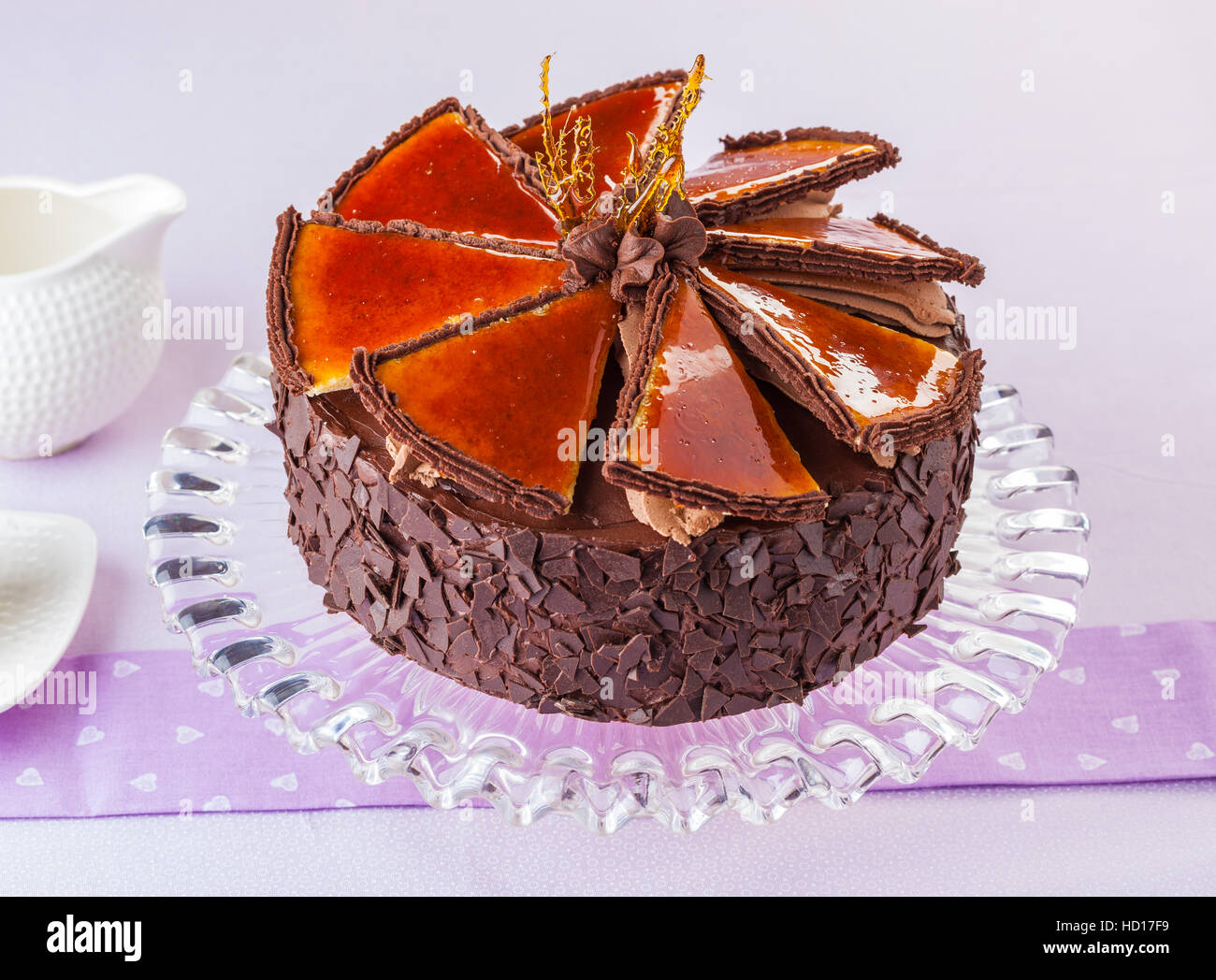 Hungarian Dobos torte, chocolate cake with caramelized top. Stock Photo