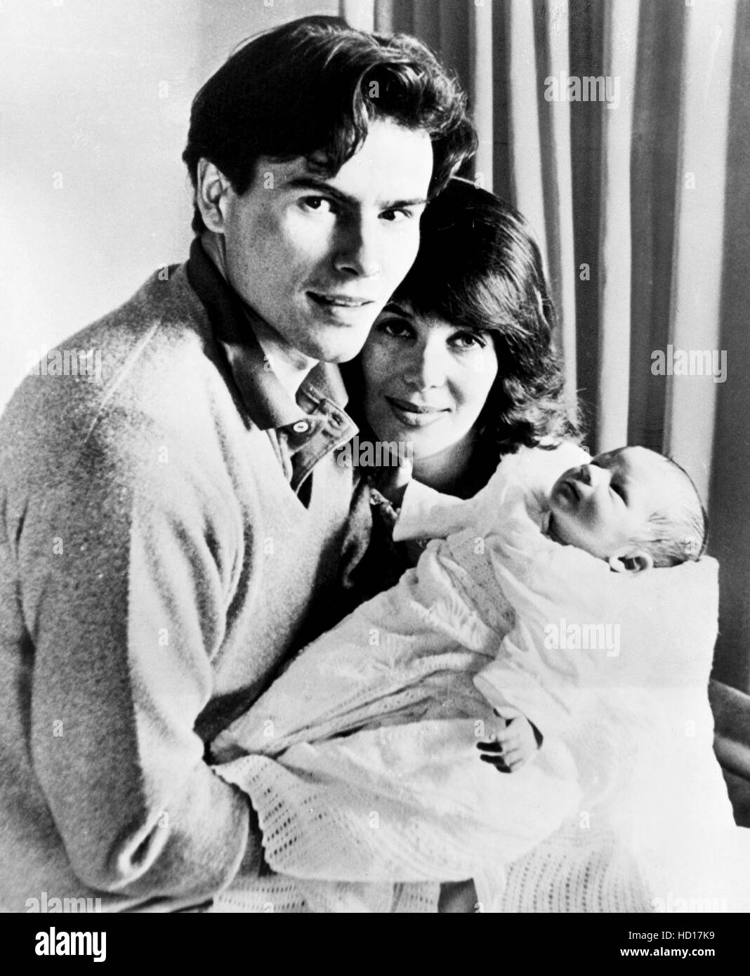 Horst Buchholz, left, and his wife, actress Myriam Bru, with their newborn son, future actor Christopher Buchholz, Los Angeles, Stock Photo