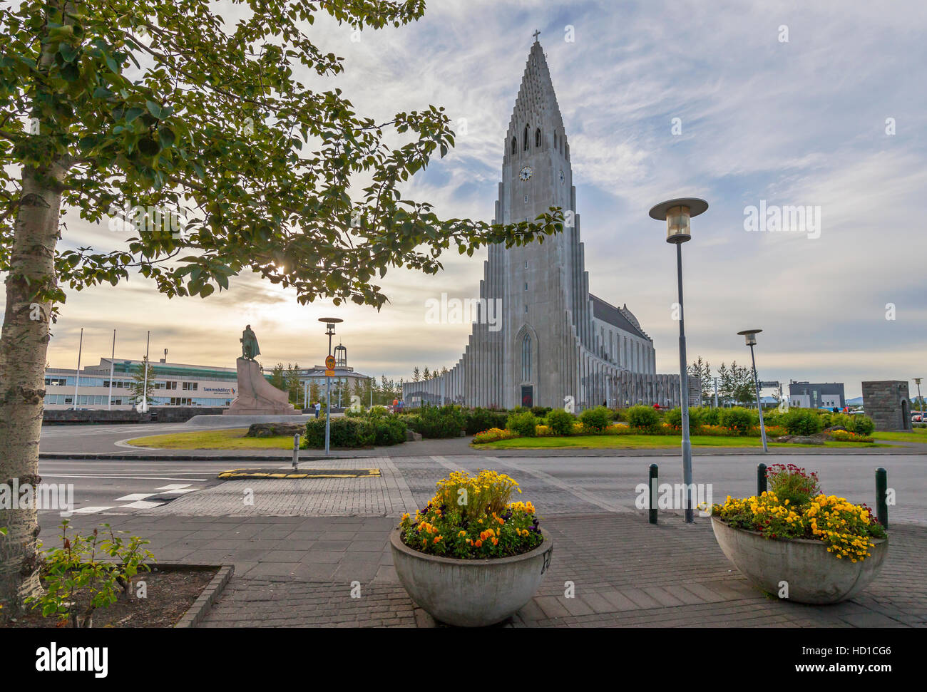 Early Morning  view of people, tourists and the Hallgrimskirkja Lutheran Church in Reykjavik, Iceland. Stock Photo