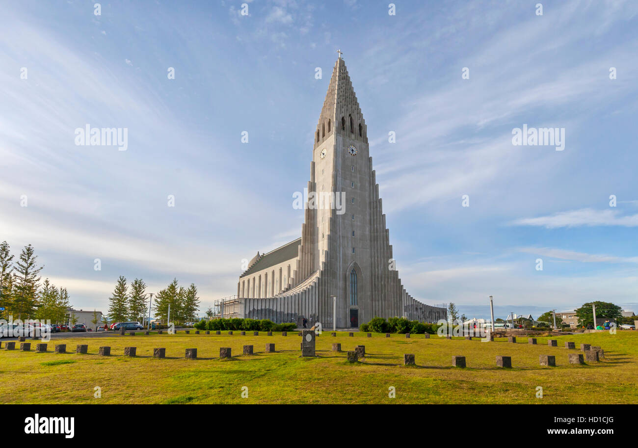 A view of people, tourists and the Hallgrimskirkja Lutheran Church in Reykjavik, Iceland. Stock Photo