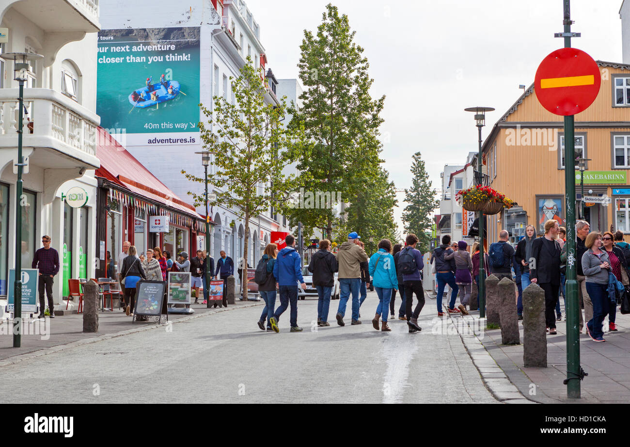 People, Tourists walking in the shopping district in Reykjavik, Iceland. Stock Photo