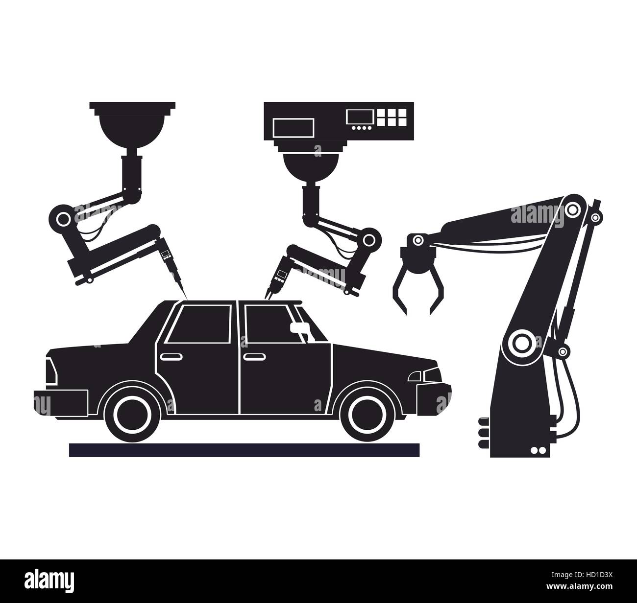 silhouette car assembly industrial robotic production line Stock Vector