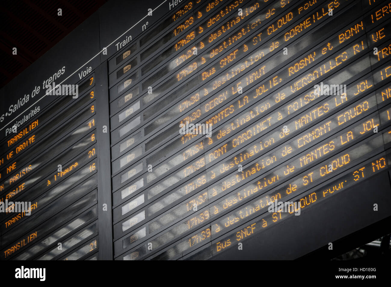 A train departures board and timetable, Gare Saint Lazare, Paris Stock