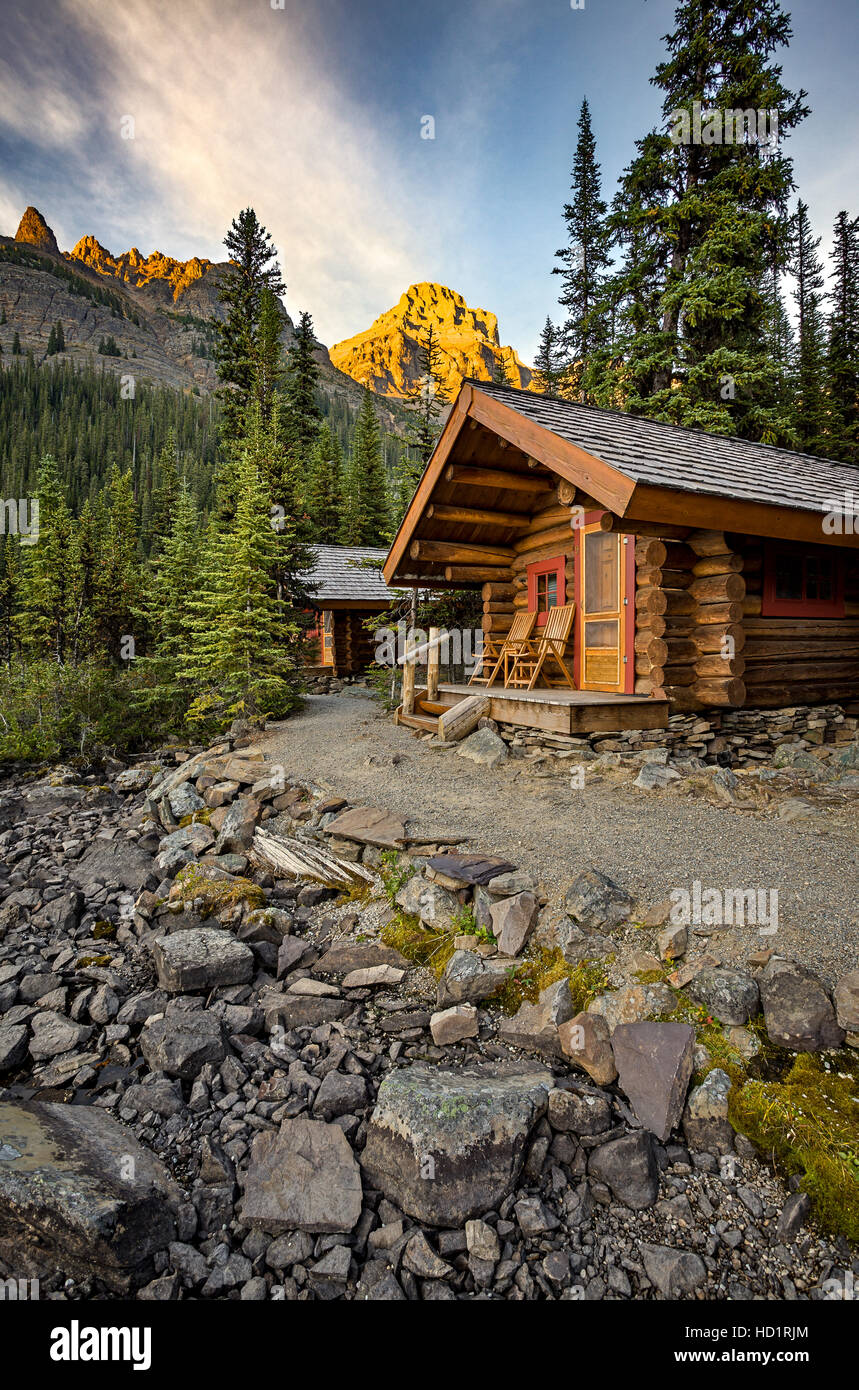 Individual guest cabins on the shore of Lake O'Hara in Yoho National Park, British Columbia, Canada. No Property Release Stock Photo