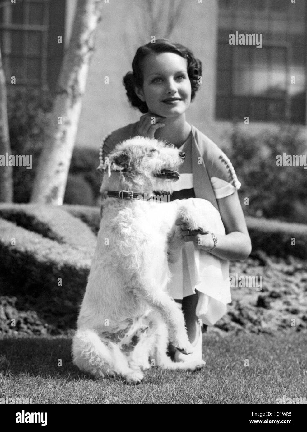 Rochelle Hudson playing with her wire haired terrier, Jitters, 1934 Stock Photo