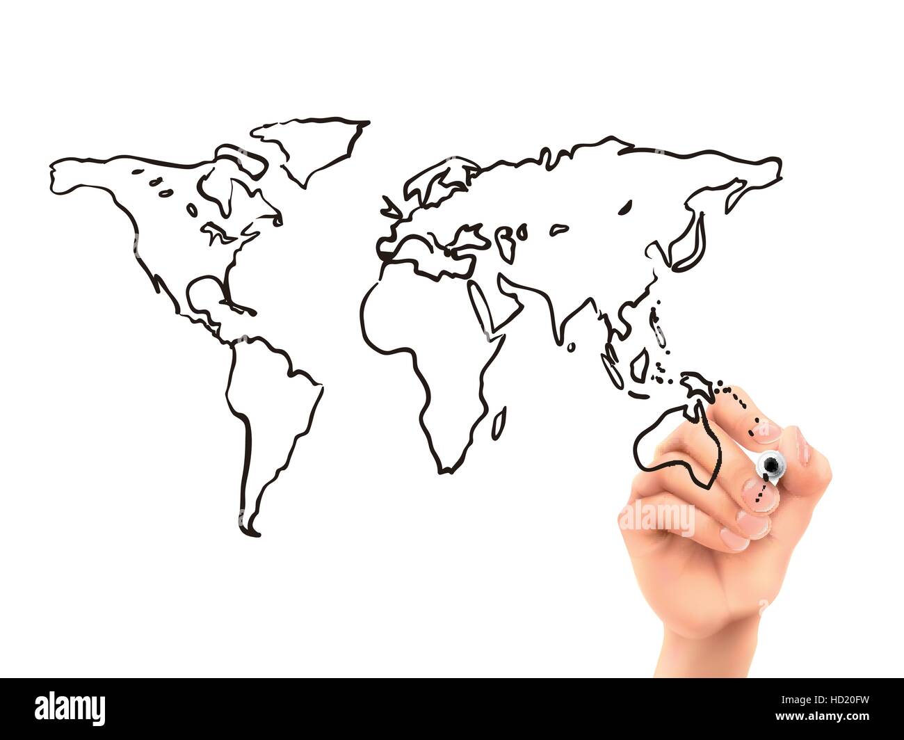 global map drawn by 3d hand over white background Stock Vector