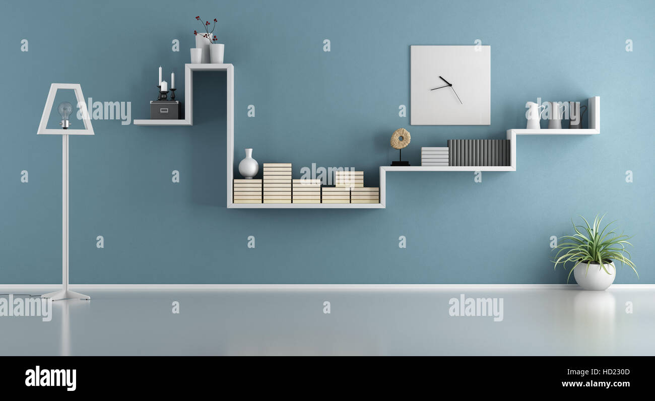 Empty blue living room with shelf and floor lamp - 3d rendering Stock ...