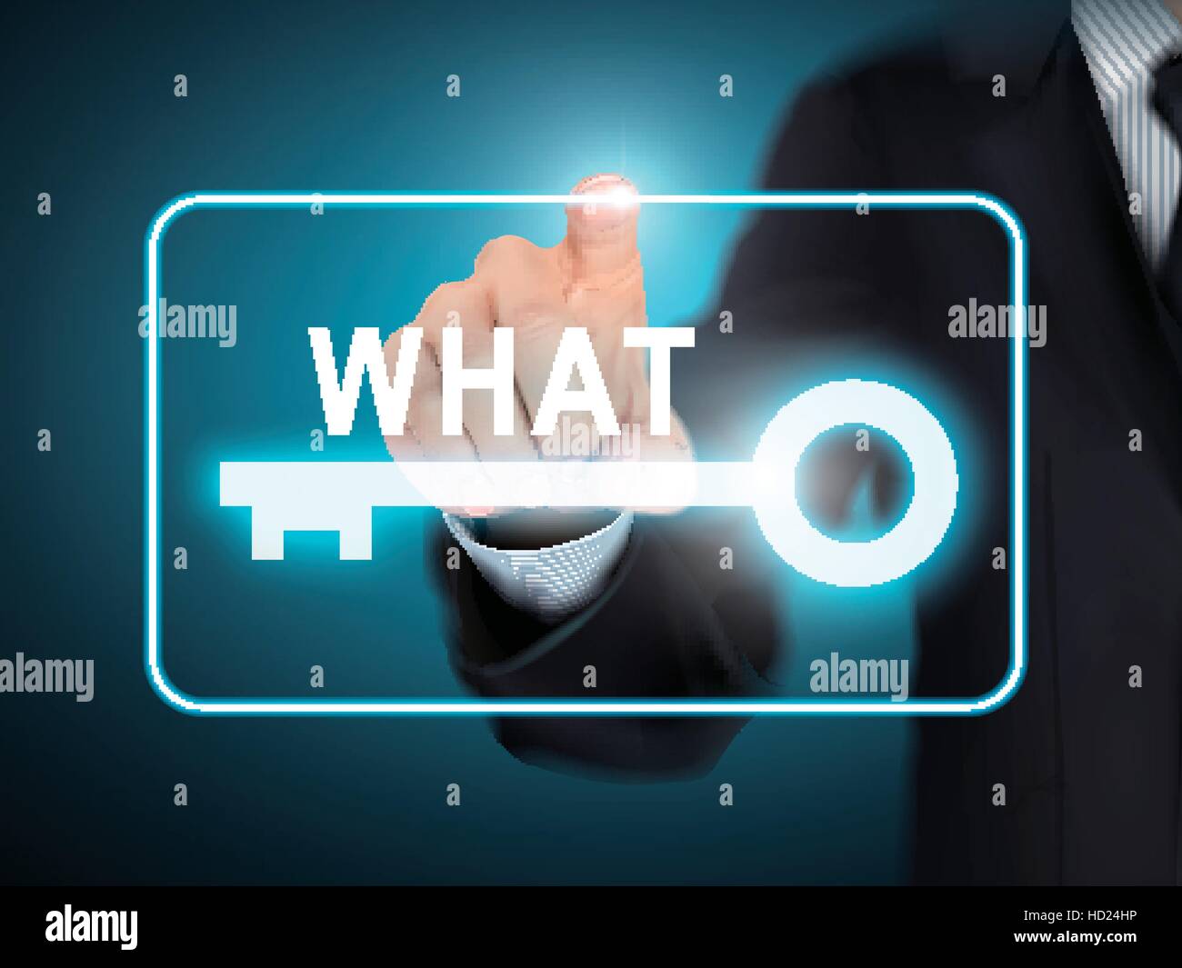 male hand pressing what key button over blue abstract background Stock ...