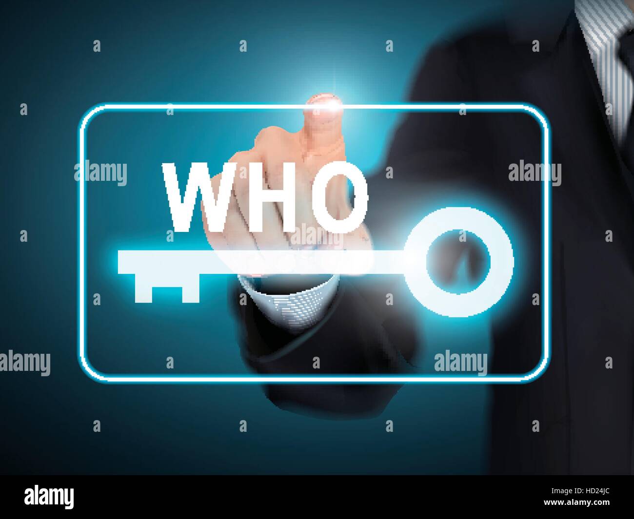 Who Keys male hand pressing who key button over blue abstract background Stock ...