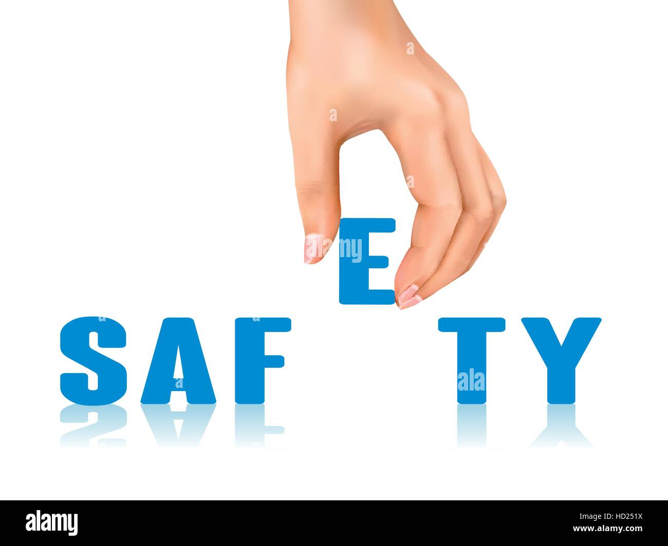 safety word taken away by hand over white background Stock Vector