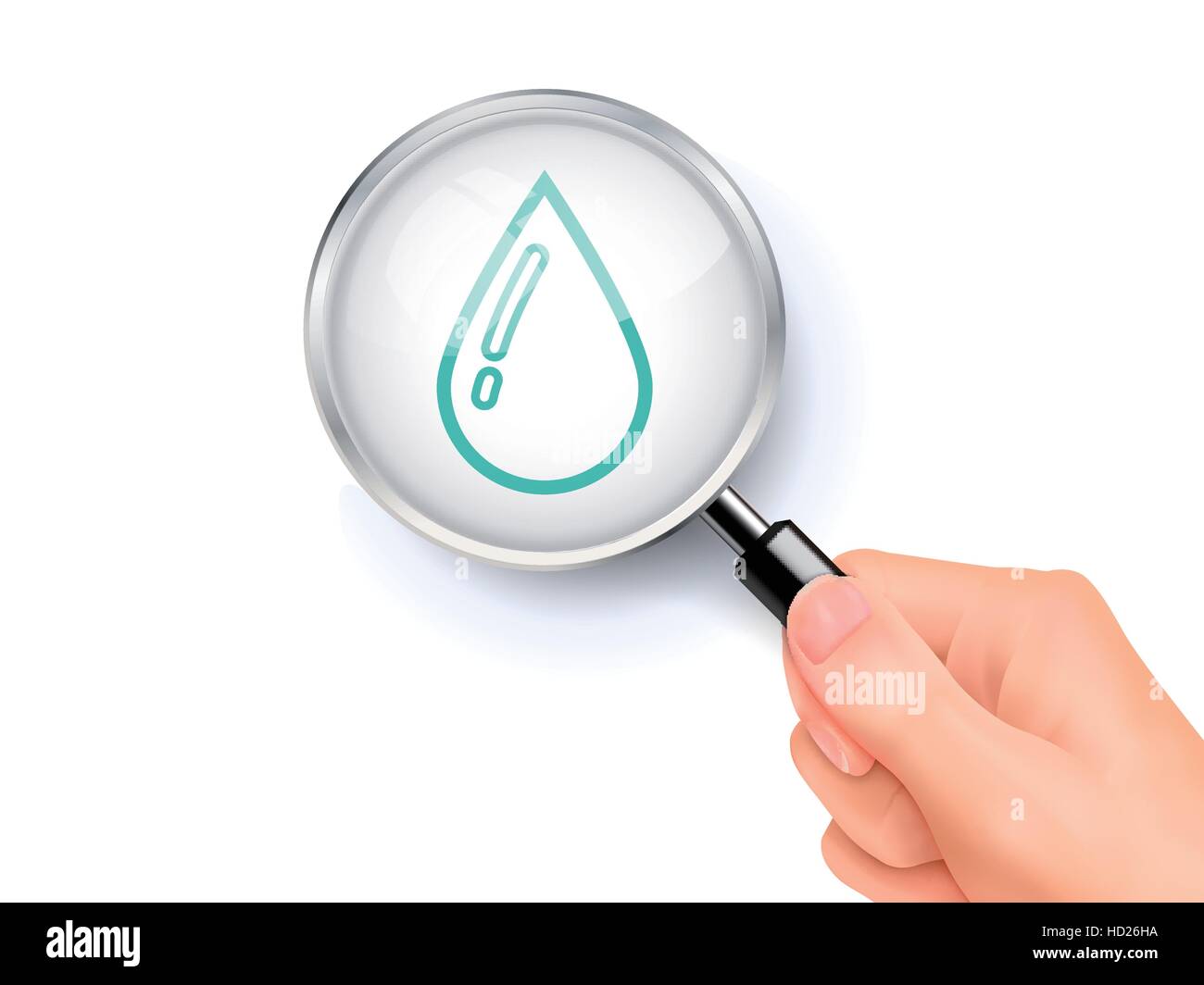 water drop icon showing through magnifying glass held by hand Stock