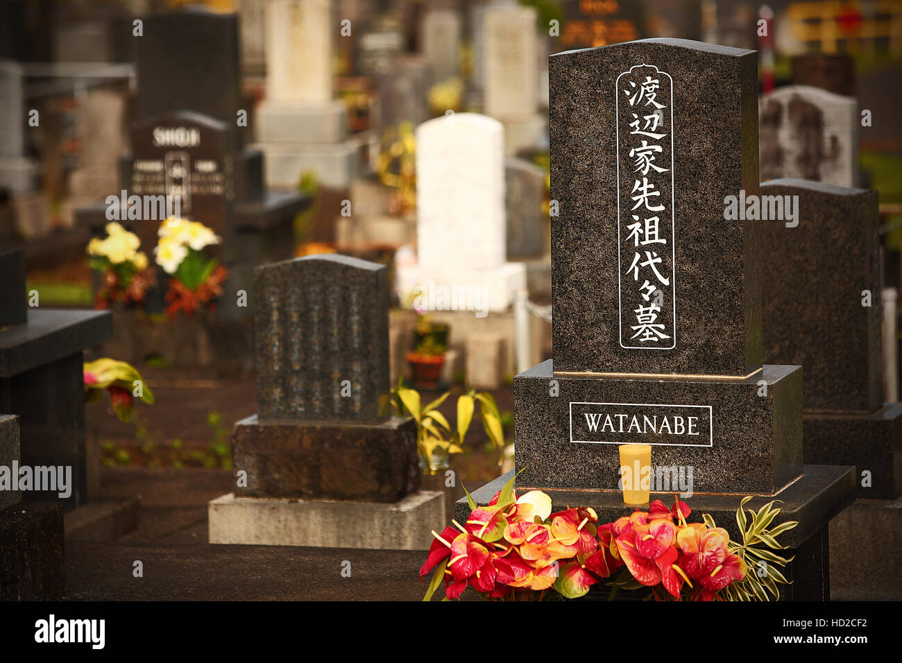 Memorial markers and gravestones at the graveyard for the deceased Japanese Immigrants on the big island of Hawaii Stock Photo