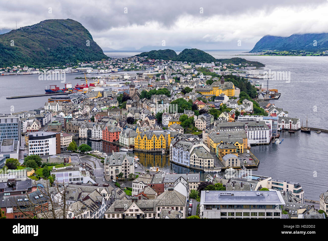 Aerial view of Alesund town, Norway. Alesund is part of the traditional district of Sunnmore and is a sea port Stock Photo