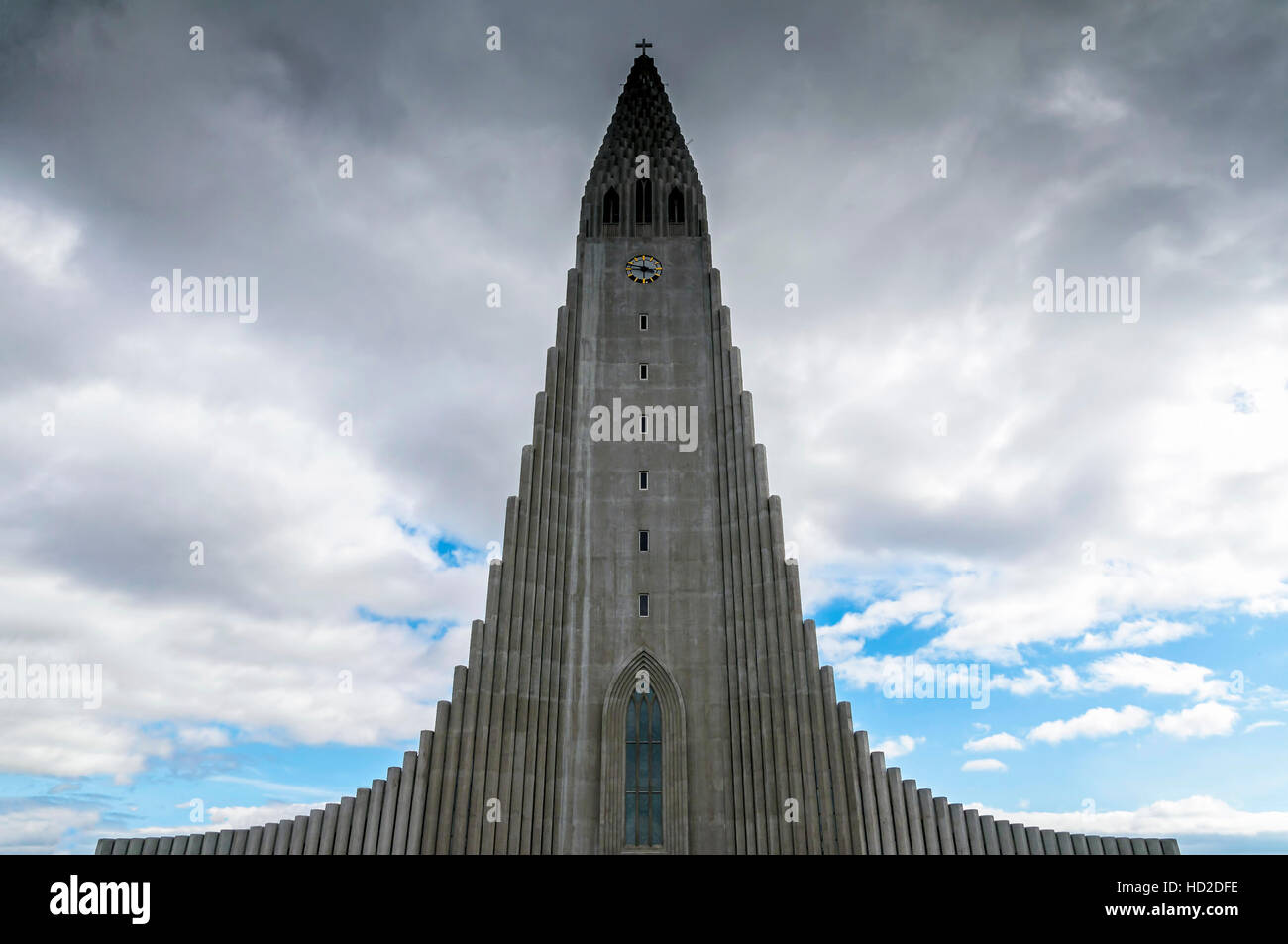 Reykjavik, Iceland - August 08, 2012: View of Hallgrimskirkja facade. This church of 73 metres is the largest in Iceland Stock Photo