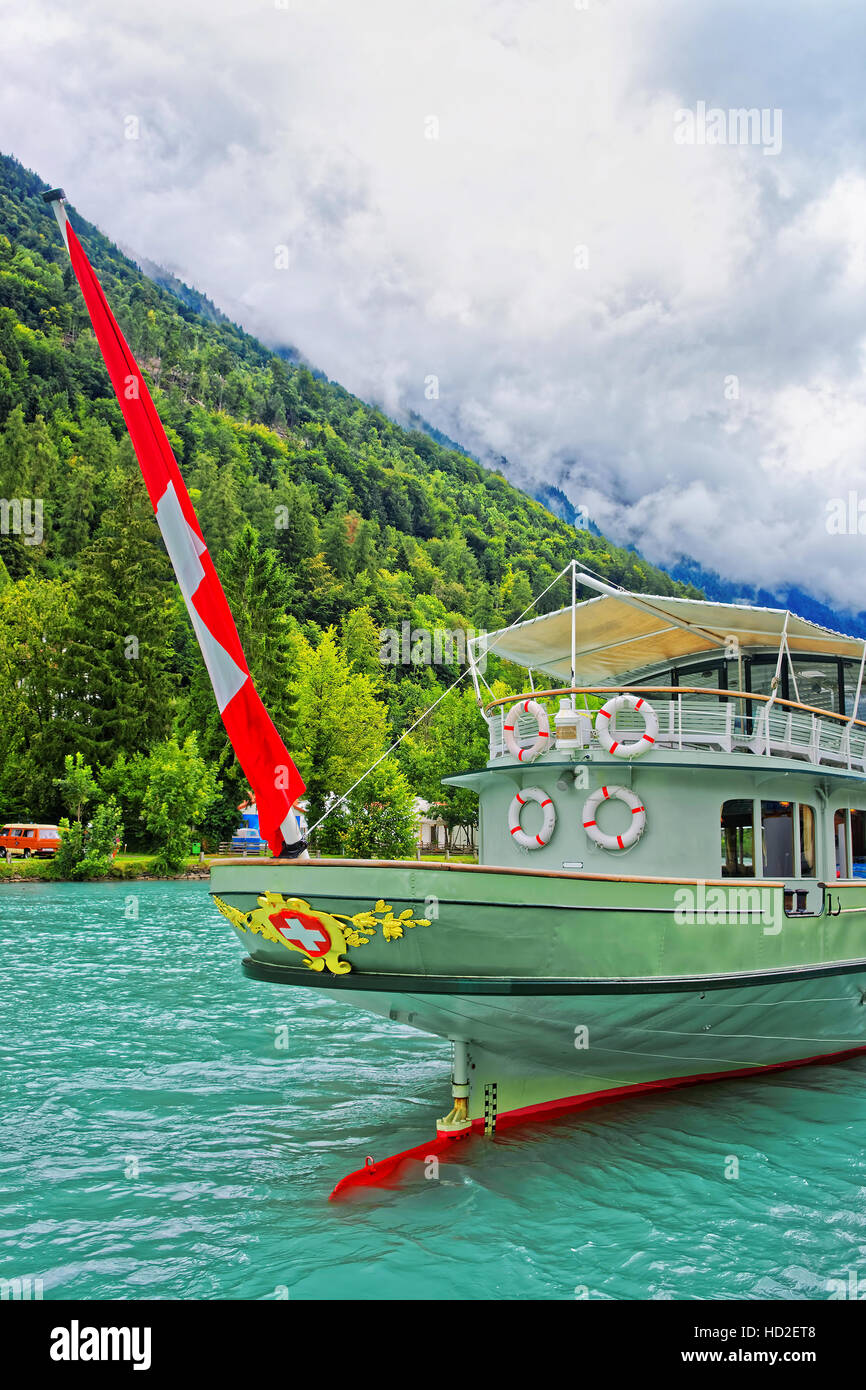 Ship on Lake Brienz and Brienzer Rothorn mountain at Interlaken in ...