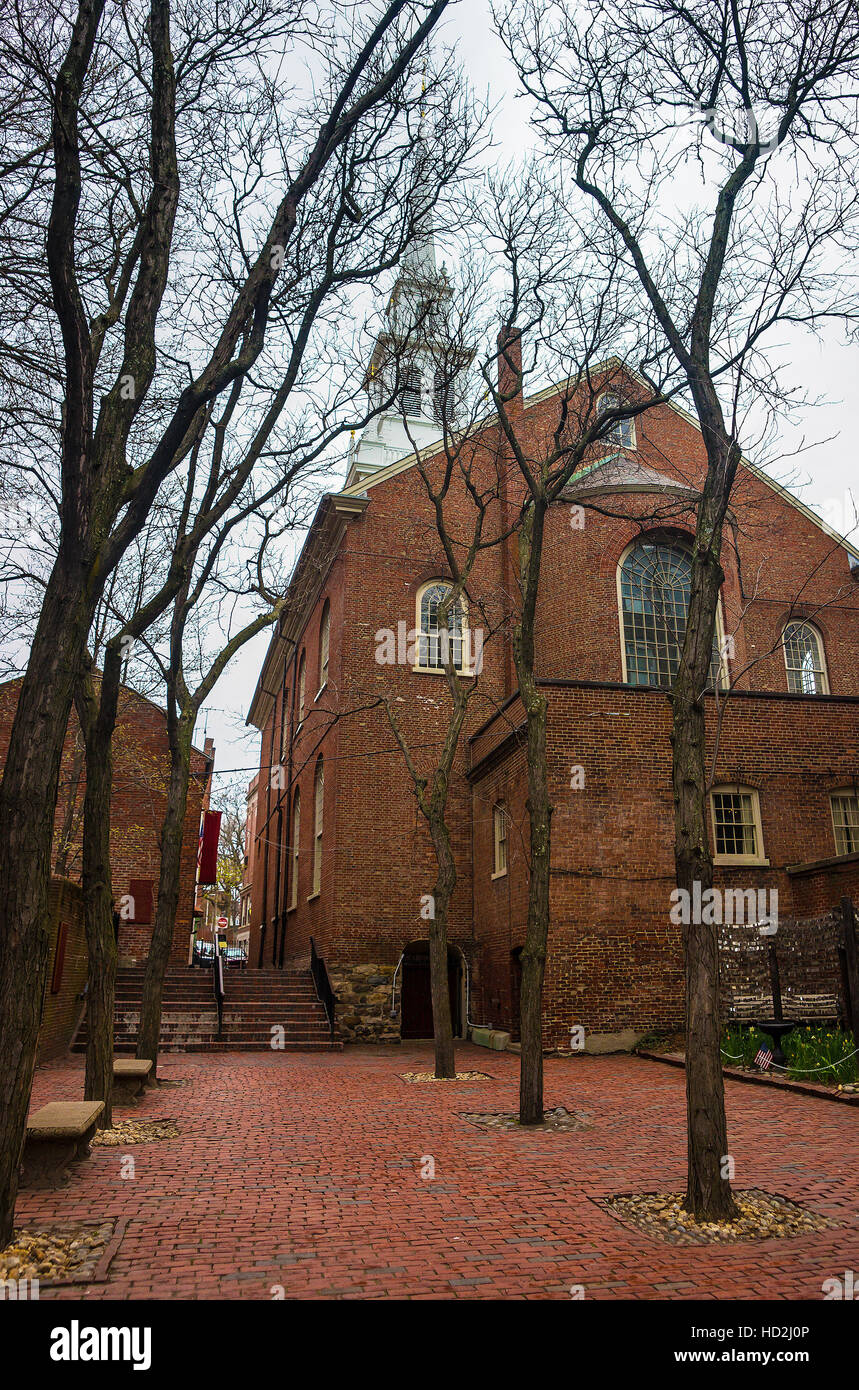 Boston, USA - April 28, 2015: Old North Church of downtown Boston, Massachusetts, the United States. People on the background Stock Photo