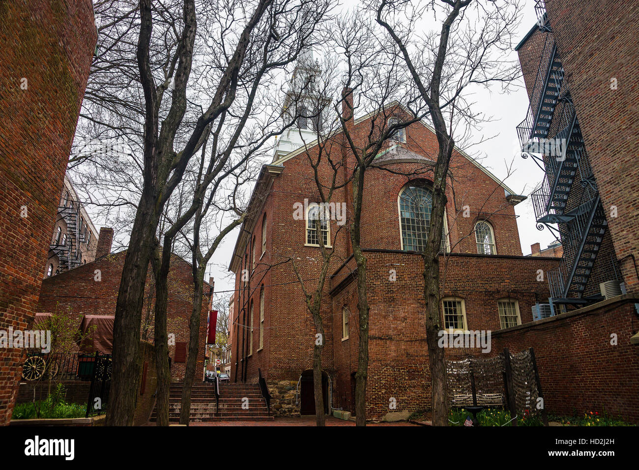Boston, USA - April 28, 2015: Old North Church in downtown Boston, Massachusetts, the United States. People on the background Stock Photo