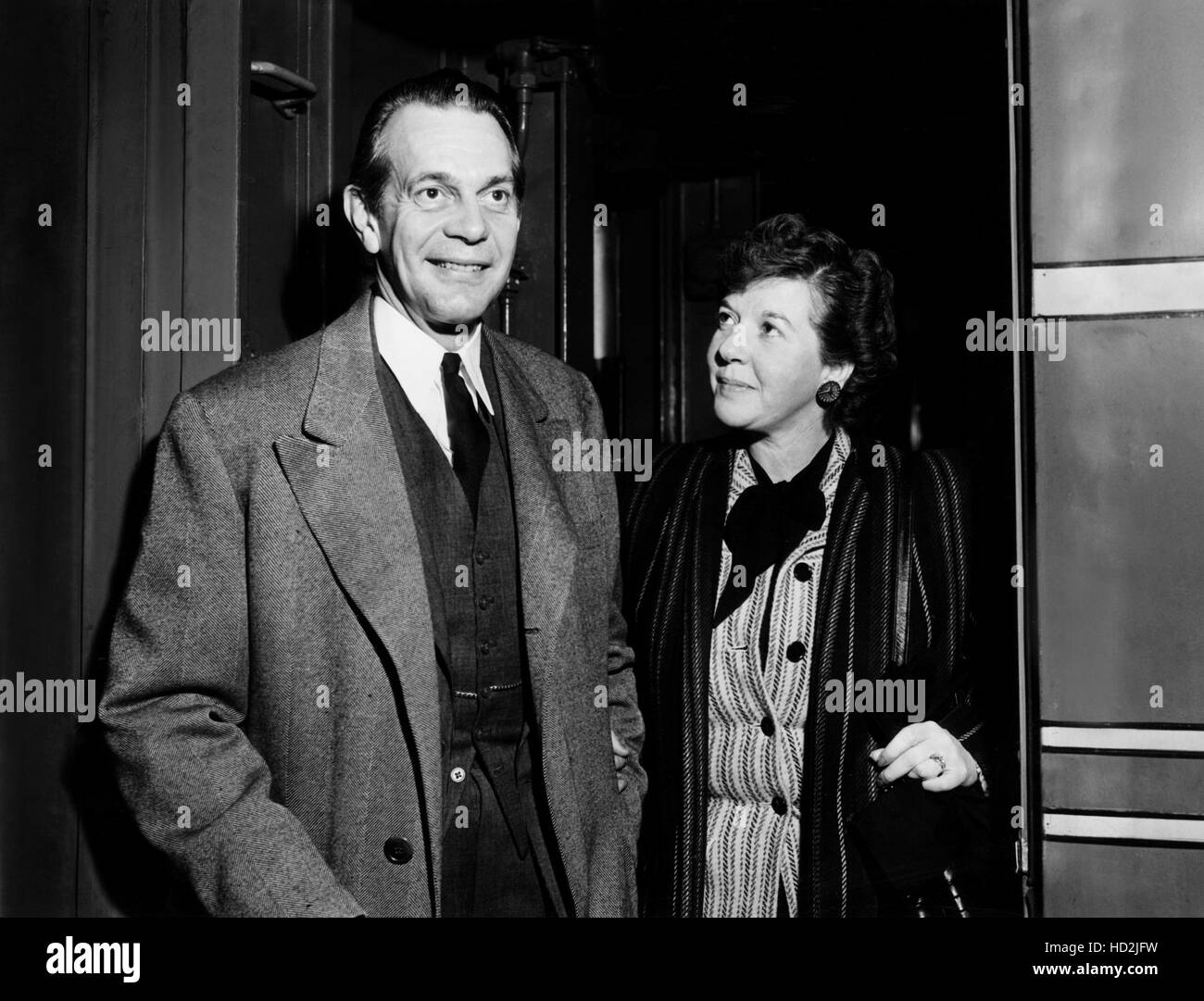 From left Raymond Massey, Dorothy Whitney departing New York for