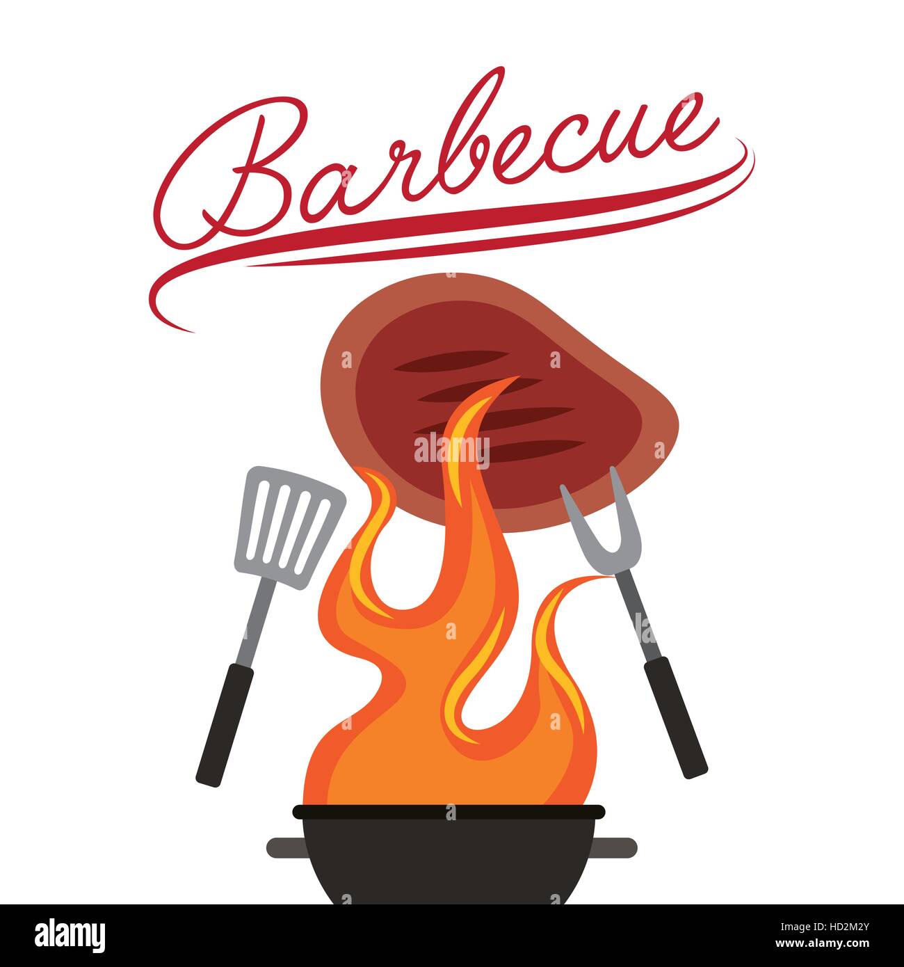 barbecue grill with utensils and steak of meat over white background ...