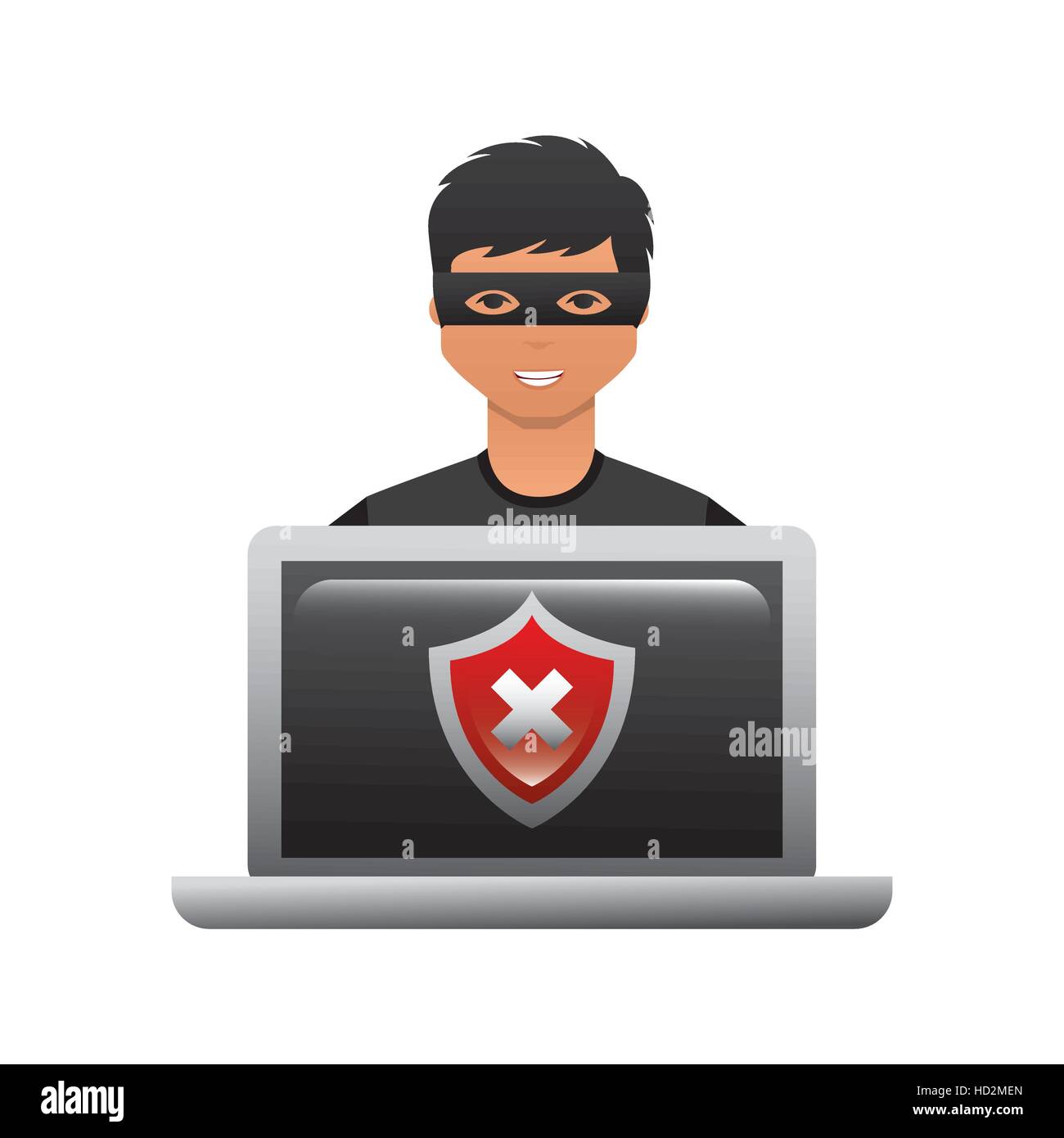 cartoon hacker man and laptop computer with wrong shield icon on screen ...