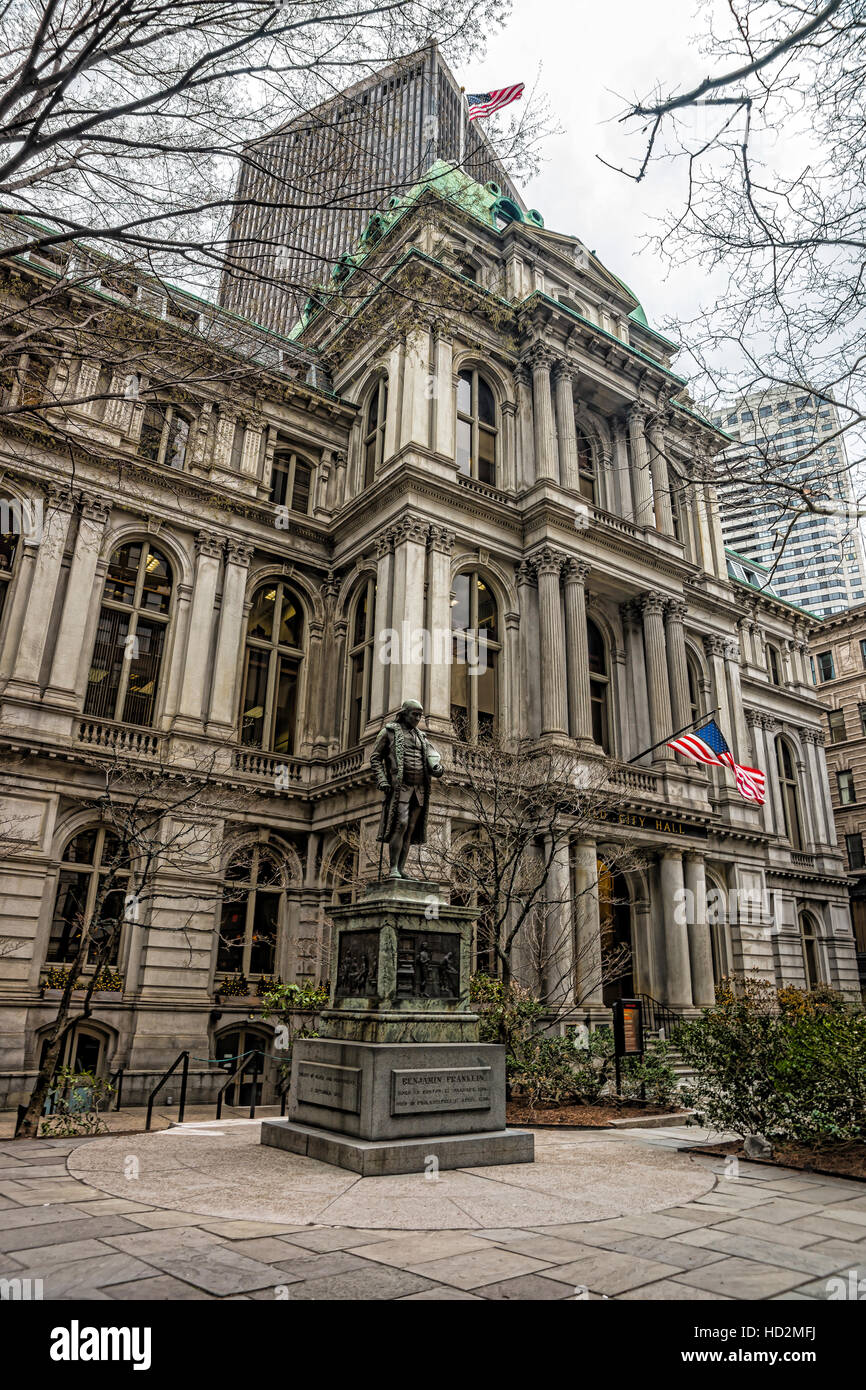 Old Town Hall and Benjamin Franklin Statue of downtown Boston