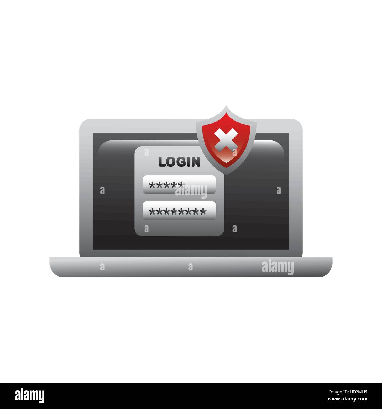laptop computer with login passowrd and wrong shield icon over white ...