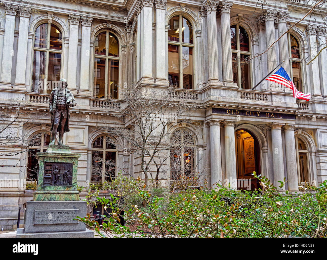 Old Town Hall with Benjamin Franklin Statue at downtown Boston